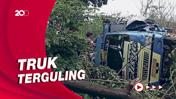 Hilang Kendali Saat Jalan Licin Truk Terguling di Pantura Subang