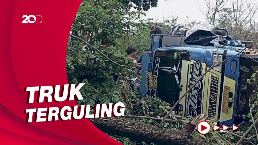 Hilang Kendali Saat Jalan Licin Truk Terguling di Pantura Subang