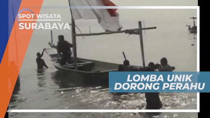 Adu Cepat Lomba Dorong Perahu di Pantai Kenjeran Surabaya
