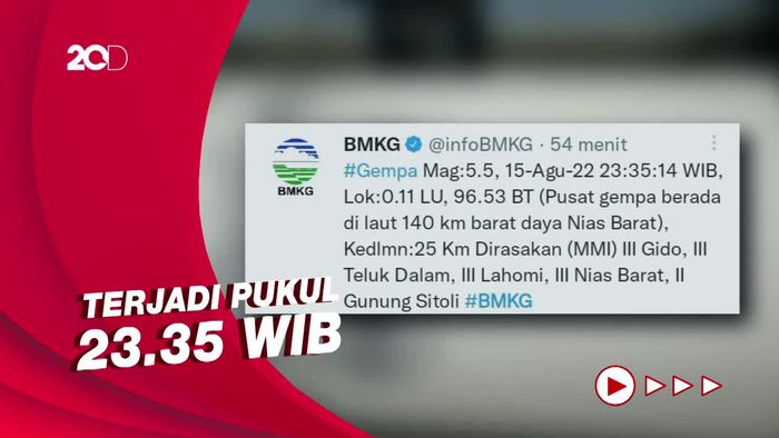 Keterangan BMKG Terkait Gempa M 5,5 di Nias Barat 