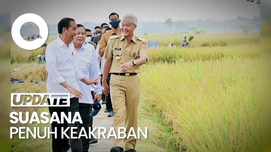 Momen Mesra Jokowi-Prabowo-Ganjar Saksikan Panen Raya Padi