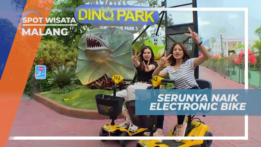 Naik Electronic Bike Menjelajahi Luasnya Taman Wisata Berkonsep Dinosaurus, Kota Batu