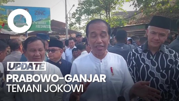 Momen Prabowo-Ganjar Kompak Dampingi Jokowi di Pasar Grogolan