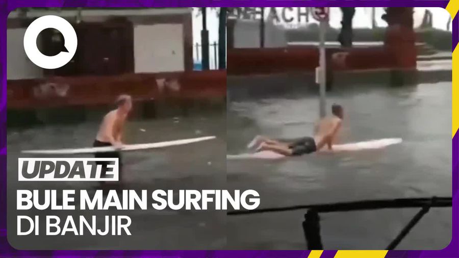 Aksi Bule Asyik Main Surfing di Jalan Saat Bali Dilanda Banjir