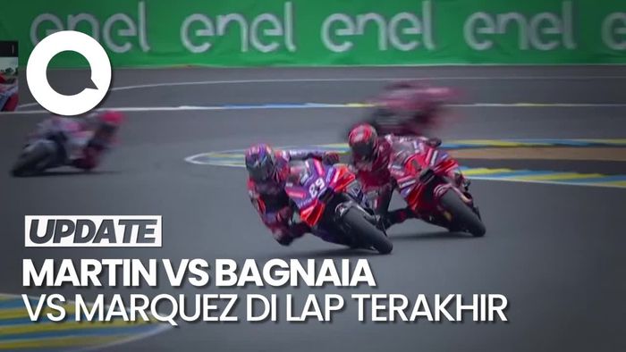 Momen Menegangkan Martin-Bagnaia-Marquez Saling Sikut di Lap Terakhir