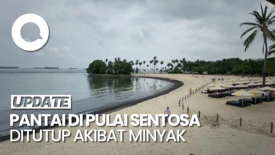 Penampakan Tumpahan Minyak di Pantai Pulau Sentosa Singapura