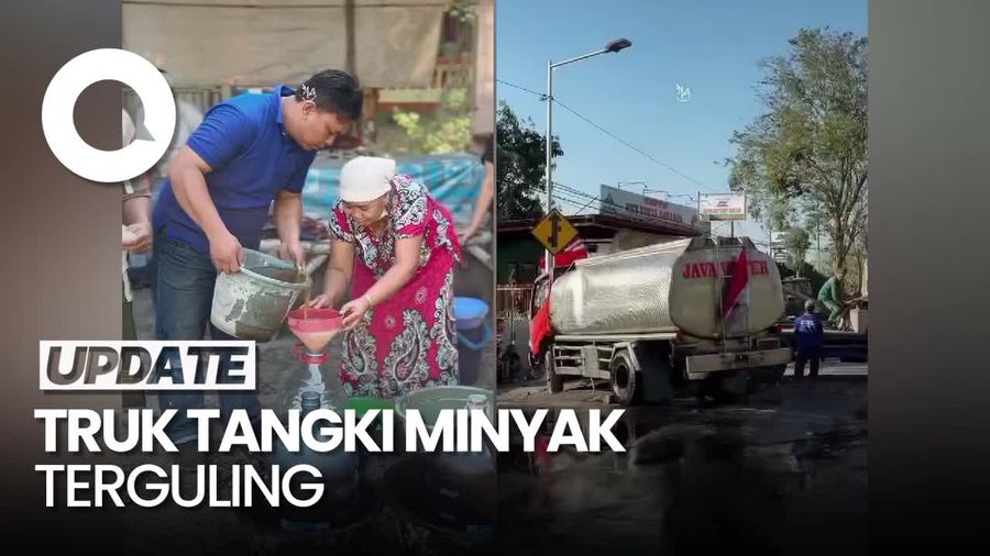Momen Warga Jarah Minyak Goreng dari Truk Tangki yang Terguling di Mojokerto