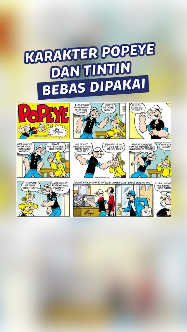 Video Karakter Popeye dan Tintin Masuk Domain Publik Awal 2025