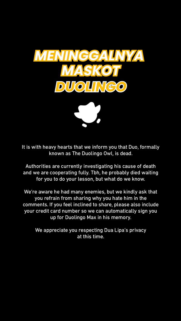 Video: Duolingo Umumkan Maskotnya Meninggal