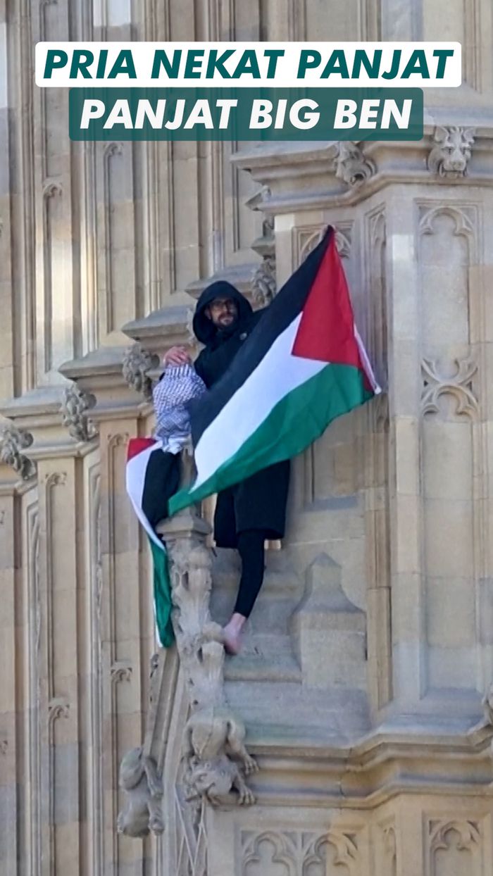 Video: Bak Spiderman, Pria di London Panjat Big Ben Kibarkan Bendera Palestina