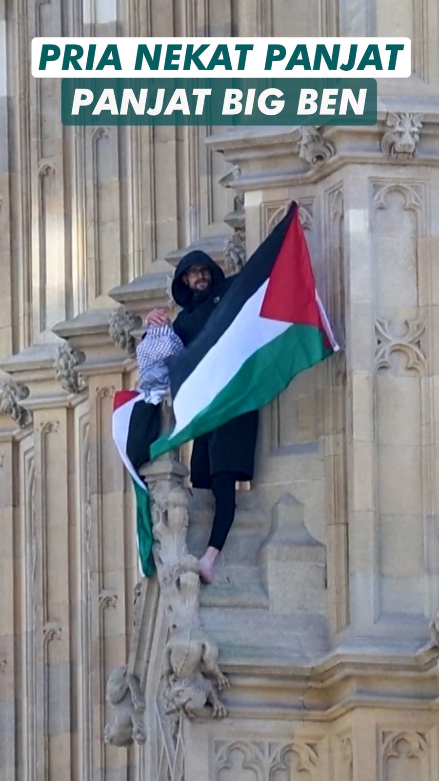 Video: Bak Spiderman, Pria di London Panjat Big Ben Kibarkan Bendera Palestina