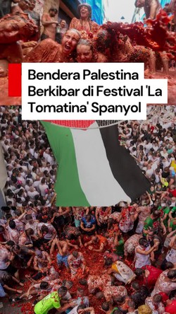  Video: Bendera Palestina Raksasa Berkibar di Festival Perang Tomat Spanyol