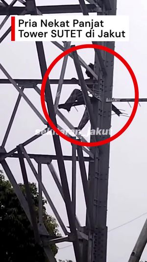 Video: Geger Pria Nekat Panjat Tower SUTET di Jakut Berujung Turun Sendiri