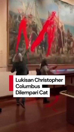  Video: Aksi Protes Aktivis Lempar Cat ke Lukisan Christopher Columbus