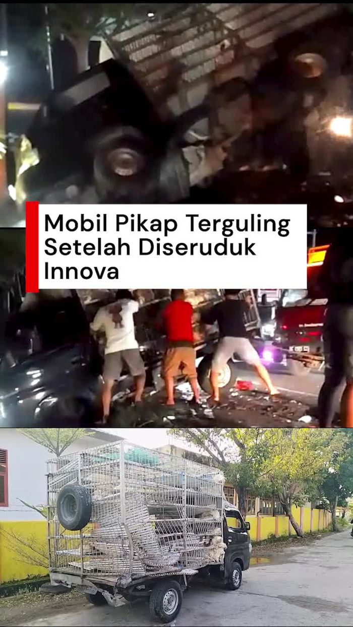 Video: Detik-detik Mobil Pikap Isi Ayam Potong Terguling Diseruduk Innova