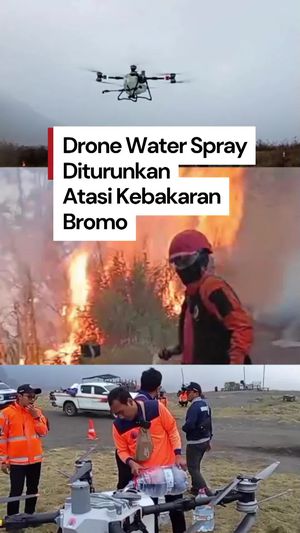 Video: Petugas Kerahkan Drone Water Spray buat Padamkan Karhutla Bromo